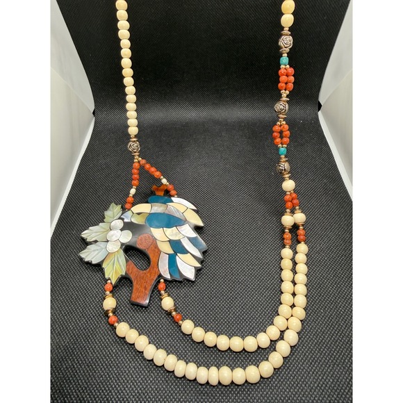 Jewelry - Vintage Lee Sands Mother of Pearl Abalone Bird Inlay Beaded Statement Necklace